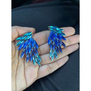 Large  Blue earring stud wing crystal Rhinestone Crystal  aqua teal oversized